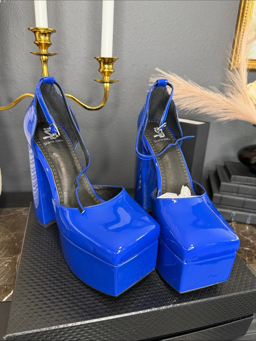 Shane Jones Cobalt Patent Platform Pumps with Ankle Tie